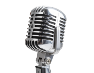  Front View of Classic Chrome Vintage Microphone on Stand, isolated PNG