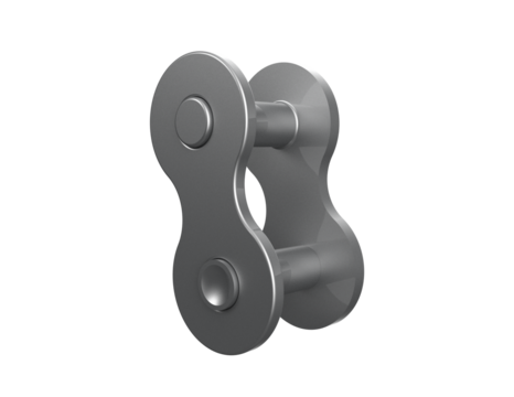 Detailed, professional 3D Render of Industrial Roller Chain Master Link. High-Resolution Mechanical Connecting Component Isolated on Transparent PNG HD Background for Power Transmission Systems.