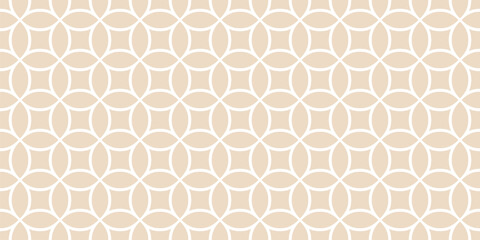 Delicate circular grid seamless pattern. Simple minimalist vector ornament texture with circle mesh, net, lattice, curved lines. Subtle light beige abstract geometric background. Repeat minimal design