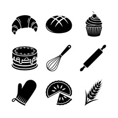 Baking Icons Set With Cake, Cupcake, Whisk, Rolling Pin, Oven Mitt, Lemon Slice, and Wheat Symbols
