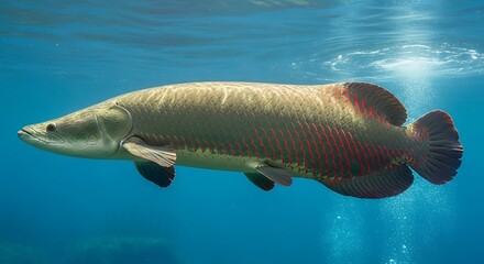 Naklejka premium A magnificent Arapaima, one of the largest freshwater fish, gracefully glides through the clear blue waters, showcasing its distinctive scales and powerful presence in its natural habitat