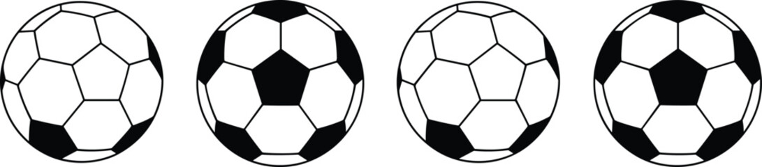 Soccer ball vector set, black and white football icon collection, classic sports design illustration, game equipment for training, match use.