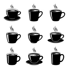 Row Of Steaming Coffee Cups Icon Set For Cafe Branding, Menu Design, and Beverage Graphics