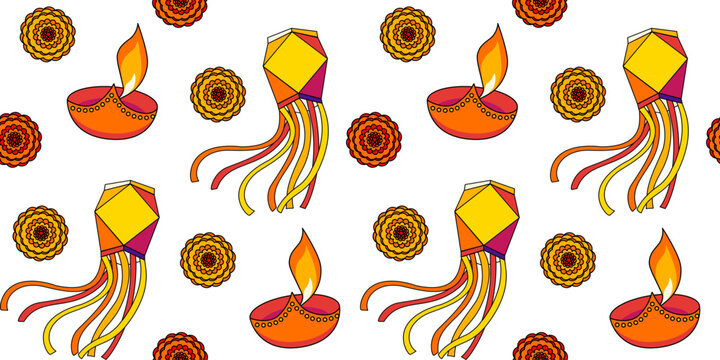 Seamless pattern with colorful Aakash Kandil lanterns, diya lamps and marigold flowers on white background. Festive vector design for Diwali celebrations.