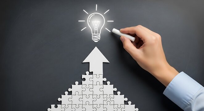 A hand draws a lightbulb over a stairway of jigsaw pieces, symbolizing progress and innovation.