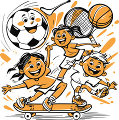 Bold thick line cartoon kids sports doodle, soccer ball with face, tennis racket, skateboard, basketball hoop, playful outline illustration 2