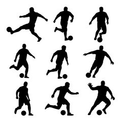 Silhouette illustration showing soccer players heading soccer balls in various action poses on a white background