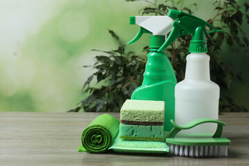 cleaning product, sponge, gloves on a background of green trees
