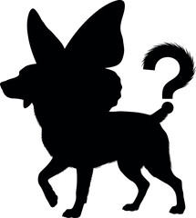 Whimsical dog silhouette with butterfly wings and question mark tail vector