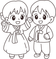 한국 전통 명절 추석을 위해 한복을 입은 어린이들 색칠공부놀이