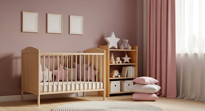 Cozy and modern baby nursery featuring a stylish wooden crib, soft pink accents, and a serene ambiance, perfectly designed for a newborn's arrival