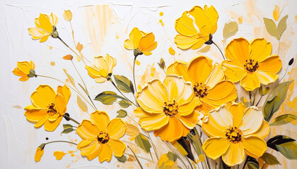 Oil painting of yellow flowers on white canvas. Palette knife technique. Hand drawn botanical art.