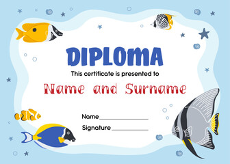 Kids diploma with cartoon red sea fish vector frame. Child graduation certificate for kindergarten, school, award and appreciation. Cute frame template with clown and angel fish