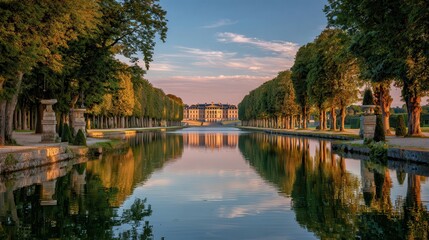 Reflections of buildings and trees on a calm canal at sunset