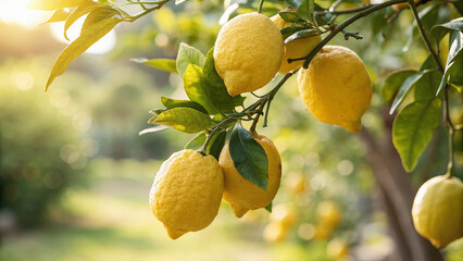 Lemon tree in garden, Lemons tree in natural warm sunlight background
