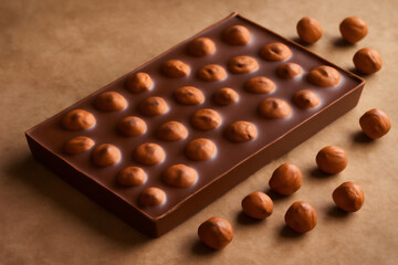 Chocolate bar with hazelnuts resting on brown paper