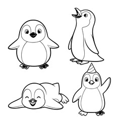 Cute Penguin Friends Celebrate With Balloons And Party Hat In A Fun Group Scene
