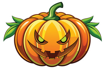 Cartoon Halloween Pumpkin with Sinister Smile and Green Leaves A Festive Illustration of Spooky Autumn Fun