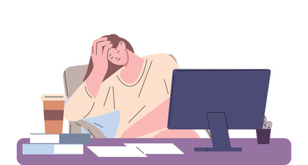 Tired woman at her desk. Burnt out employee, freelancer or student. Studying at night, hard work, creative crisis. Young adult exhaused, vector scene