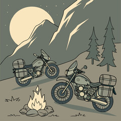 Motorcycle camping under the moon in a mountain landscape, vector illustration