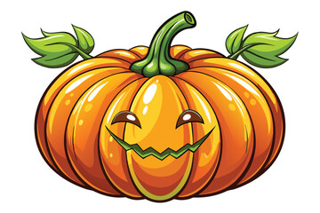 Cartoon Halloween Pumpkin with Sinister Smile and Green Leaves A Festive Illustration of Spooky Autumn Fun