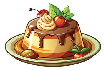 Delicious Cartoon Dessert on Plate with Chocolate Sauce and Green Garnish A Tempting Treat for Any Sweet Tooth