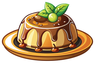 Delicious Cartoon Dessert on Plate with Chocolate Sauce and Green Garnish A Tempting Treat for Any Sweet Tooth