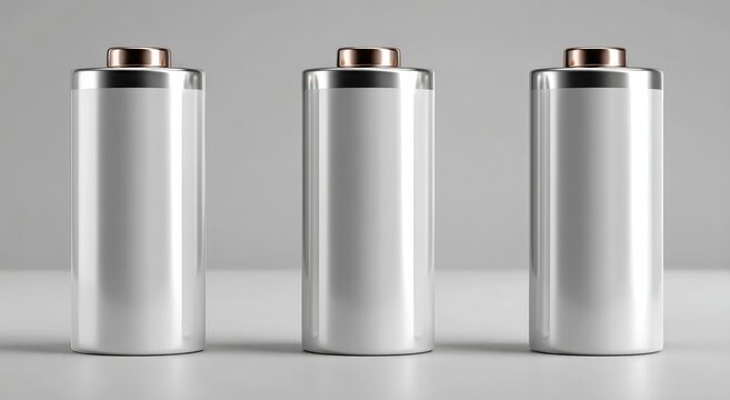 Three white cylindrical batteries, metallic tops