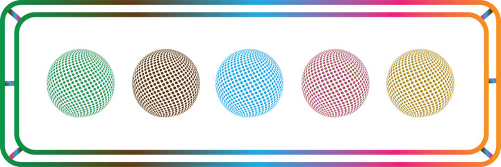 A set of five modern halftone globe icons with a colorful gradient, symbolizing global data, digital technology, and international connectivity for UI UX design.