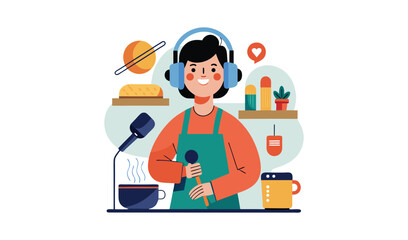 Fototapeta premium Person with headphones and microphone creating content at a desk