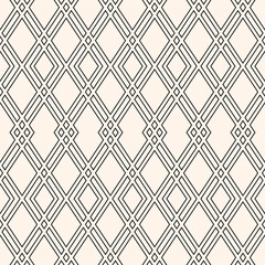 Vector geometric abstract texture. Modern linear seamless pattern. Simple black and white elegant background with outline grid, mesh, lattice, diamonds, rhombuses, thin lines. Repeated minimal design