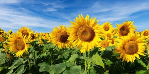 Fototapeta premium The Sunflower Field Stretching Under a Vivid Blue Sky and Wispy Clouds