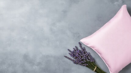 Pink silk pillowcase is lying on gray textured background with bunch of dry lavender flowers beside it, promoting good sleep and relaxation