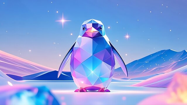 Geometric Penguin in a Pastel Landscape