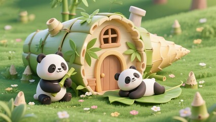 Adorable pandas relaxing near a whimsical bamboo house in a lush, green forest setting.