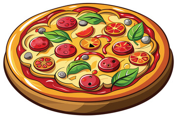 Delicious Cartoon Pizza with Tomatoes and Basil Toppings A Visually Appealing and Mouthwatering Food Illustration