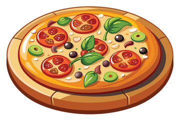 Delicious Cartoon Pizza with Tomatoes and Basil Toppings A Visually Appealing and Mouthwatering Food Illustration