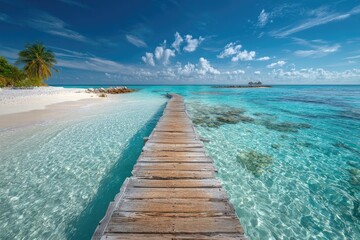 Obraz premium Tropical beach boardwalk. Crystal-clear turquoise water leads to a wooden pier