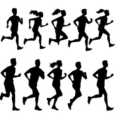 Set of 9 icon silhouette Black separate people do fitness silhouette isolated vector on white background.	