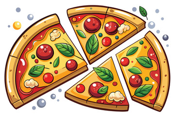 Colorful Cartoon Pizza Slices with Various Toppings and Fresh Basil Leaves Arranged Artistically on a White Backdrop