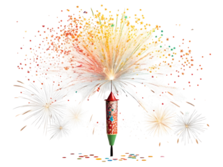 Diwali Firecracker Explosion Frozen Mid Air Isolated on Black Background Vivid Colors Red Green White Orange Yellow Confetti Stars