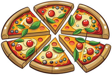Colorful Cartoon Pizza Slices with Various Toppings and Fresh Basil Leaves Arranged Artistically on a White Backdrop