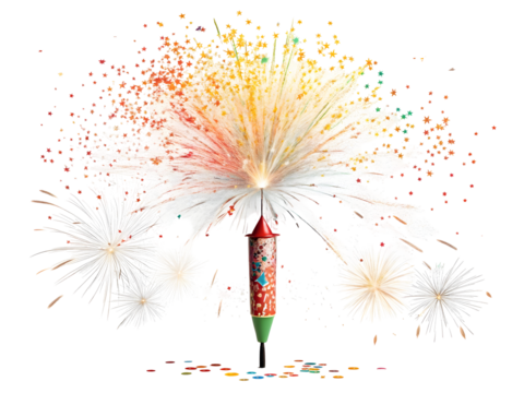 Diwali Firecracker Explosion Frozen Mid Air Isolated on Black Background Vivid Colors Red Green White Orange Yellow Confetti Stars