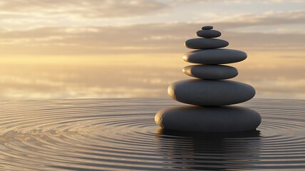 Serene stacked stones balanced on water with soft warm light creating a peaceful atmosphere