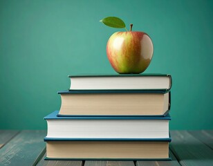 Apple placed on stack of books symbolizing education and healthy lifestyle 