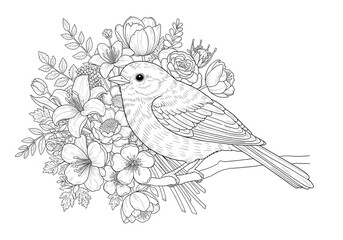 Obraz premium Charming bird perched amidst a detailed floral arrangement, perfect for creative projects