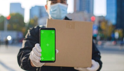 Delivery Person with Mask and Green Screen Phone in Urban Setting