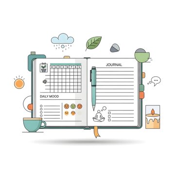 Open planner with daily mood tracker, calendar, and journal pages.