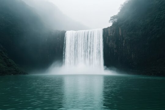 Breathtaking waterfall plunging into a tranquil lake, surrounded by lush rainforest and mist, creating a serene and magical atmosphere
