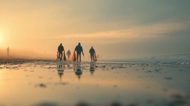 Sunset Clean-Up: A dedicated group of individuals diligently collect litter along the shoreline at dusk, their silhouettes stark against the vibrant sunset.